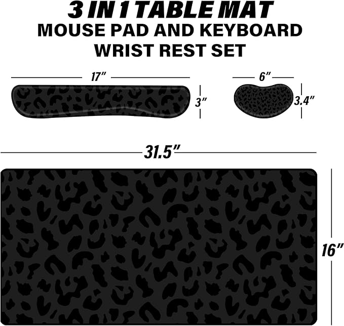 3Pcs Large Gaming Mouse Pad Desk MatKeyboard Mouse Wrist Rest Support SetExtended Laptop Mouse Pad Memory Foam Non-Slip Base for Gamer Home Office(31.5x15.7in)-Black Leopard Cheetah