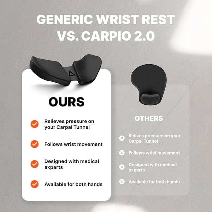 DELTAHUB Carpio 2.0 - Left-Handed Truly Ergonomic Wrist Rest for Mouse Carpal Tunnel Support Pain Relief Anti-Fatigue Easy Glide Sleek Office Computer Laptop Gaming - Large Black