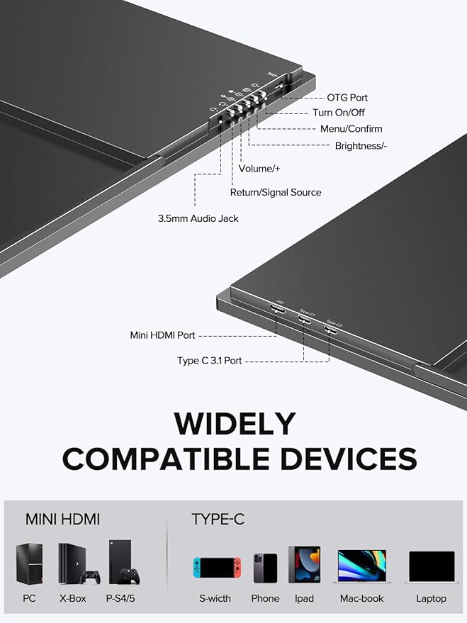 UPERFECT 24.5 Portable Monitor 240Hz Gaming Monitor 2000:1 Contrast FreeSync 0.1ms Fast IPS Large Screen Built-in 180° Adjustable Stand/VESA USB-C HDMI Second Screen for Laptop Phone Game Console