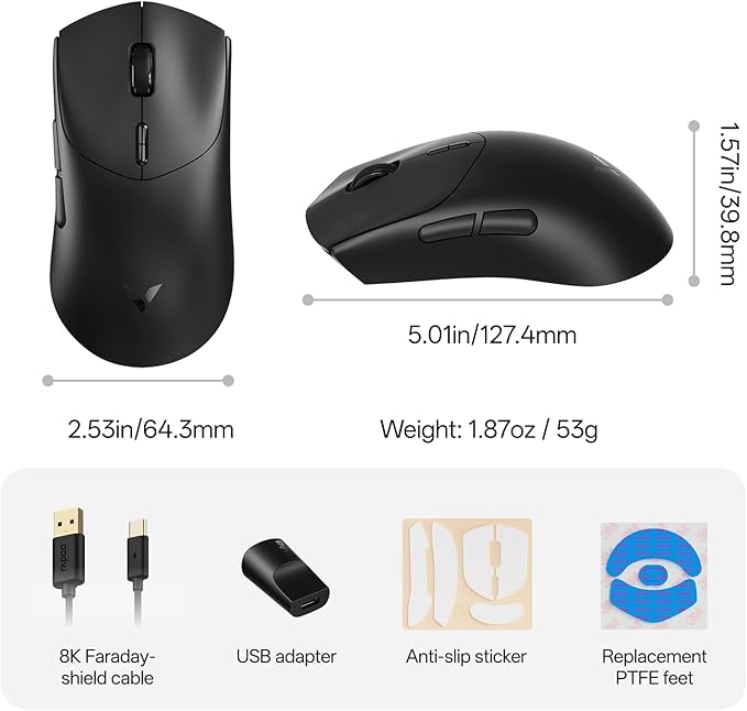 Rapoo VT7 Wireless Gaming Mouse True 8K Wireless Polling Rate 53g Lightweight Up to 750 Hr Battery Nordic nRF54L15 MCU 100-Million Mechanical Switch 10 Programmable Buttons Black