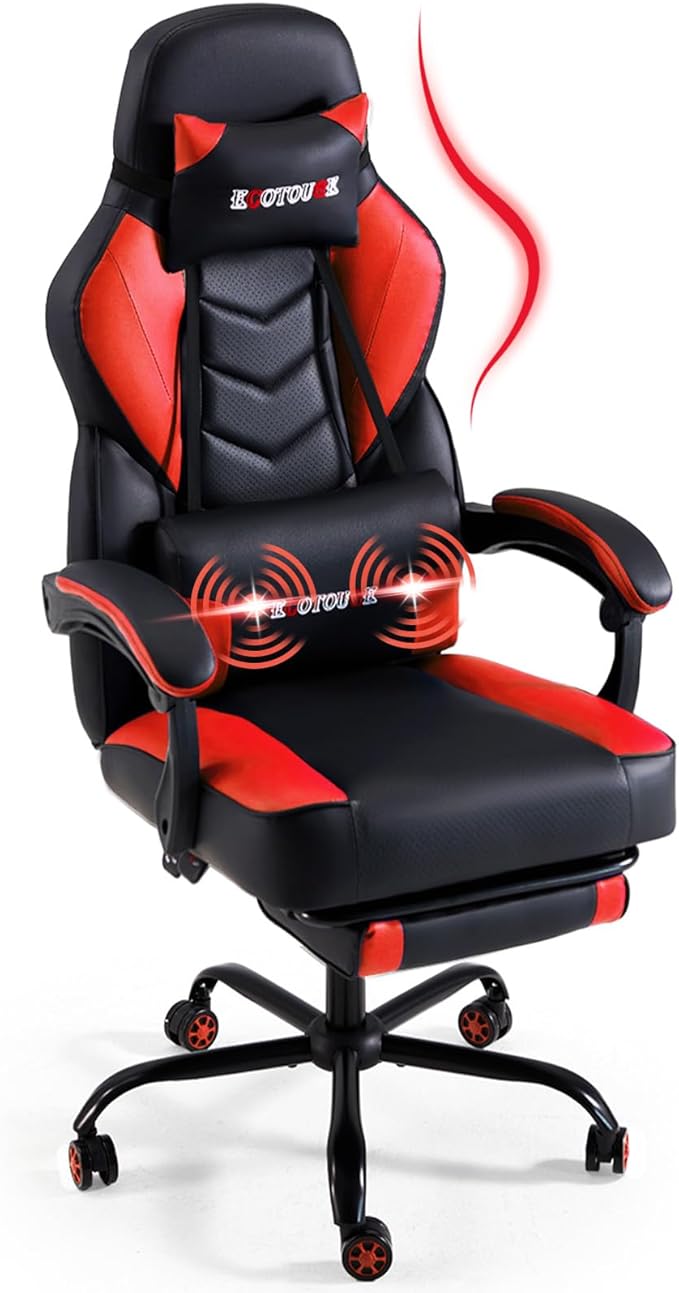 ECOTOUGE Massage Gaming Chair Big and Tall Gaming Chair with Lumbar Support &amp Footrest Ergonomic Gamer Chair with Reclining High Back 360° Swivel Gaming Computer Chair Red