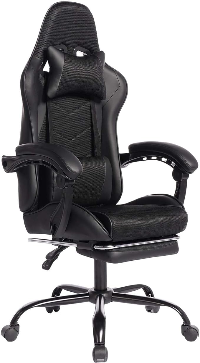 Gaming Chair with Footrest &amp Massage Comfortable Game Chair for Adults Gaming Desk Chairs with Headrest and Lumbar Cushion for Work and Study Adjustable Height Ergonomic (Black)