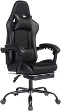 Gaming Chair with Footrest &amp Massage Comfortable Game Chair for Adults Gaming Desk Chairs with Headrest and Lumbar Cushion for Work and Study Adjustable Height Ergonomic (Black)