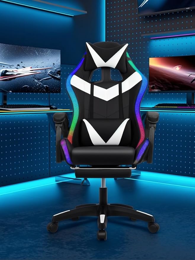 Gaming Chair with Bluetooth Speakers LED Light Adjustable Height Retractable Footrest &amp Massage Lumbar Support - Ergonomic Office Computer Chair for Adults Gamers Internet Cafe Home Black