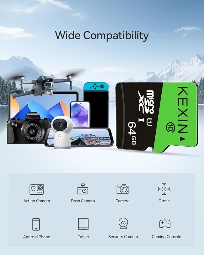 KEXIN 64GB Micro SD Card 3 Pack with SD Adapter microSDXC Memory Card UHS-I C10 U1 Micro SD Card Full HD High Speed TF Card for Tablet Action Camera Dash Cam Drone Game Console 64 G 3 Pack