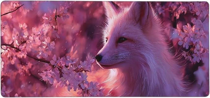 Cherry Blossom White Fox Gaming Mouse Pad Non-Slip Rubber Base 2XL Mousepad with Stitched EdgesWaterproof Washable Mouse Mat for Desk Home Office Gaming 16x35.5in