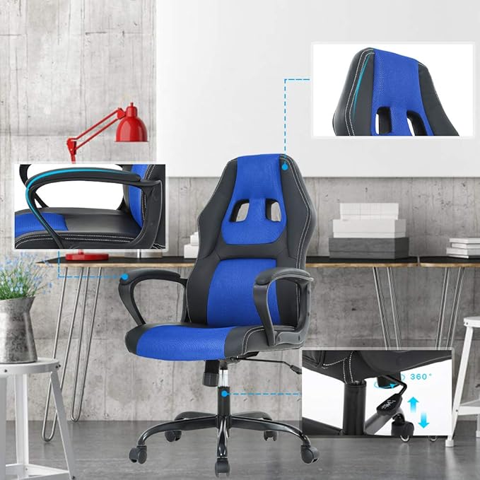 Ergonomic Office Chair Cheap Desk Chair PC Gaming Chair Rolling PU Leather Swivel Chair Executive Computer Chair Lumbar Support for Women Men(Blue)