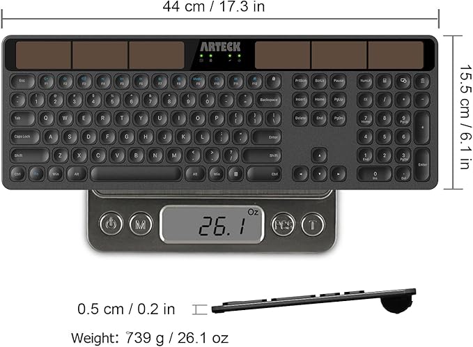 Arteck Wireless Solar Keyboard Full Size Solar Recharging Keyboard for Computer/Desktop/PC/Laptop/Surface/Smart TV and Windows 10/8 / 7 / Vista/XP Built in Rechargeable Battery