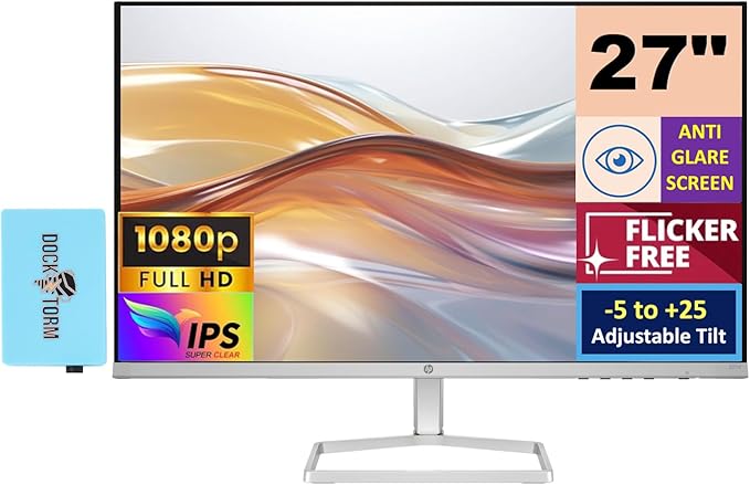 HP Series 5 527sf Monitor (Replaces Model M27h) 94F44AA#ABA with Docztorm Dock 27 FHD (1920x1080) Display 2X HDMI 1x VGA Flicker-Free Ideal for Home &amp Business Black/Silver (2026 Latest Mod