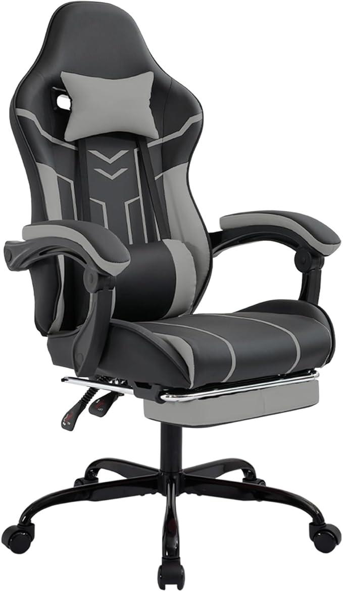 Ergonomic Gaming Chair with Footrest Black Gaming Chair for Adults Girls Women Video Game Chairs with Wheels &amp Lumbar Support 300 LBS Capacity (Black+Gray)