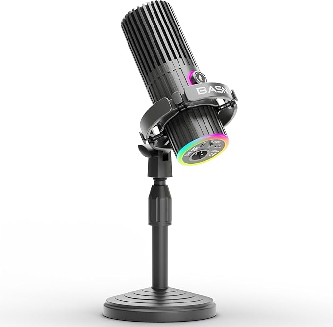 BASN USB/XLR Dynamic Microphone for Podcasting Live Streaming Gaming Recording with RGB Mute Button Headphone Monitoring and MIC Stand (Gray) SL2000