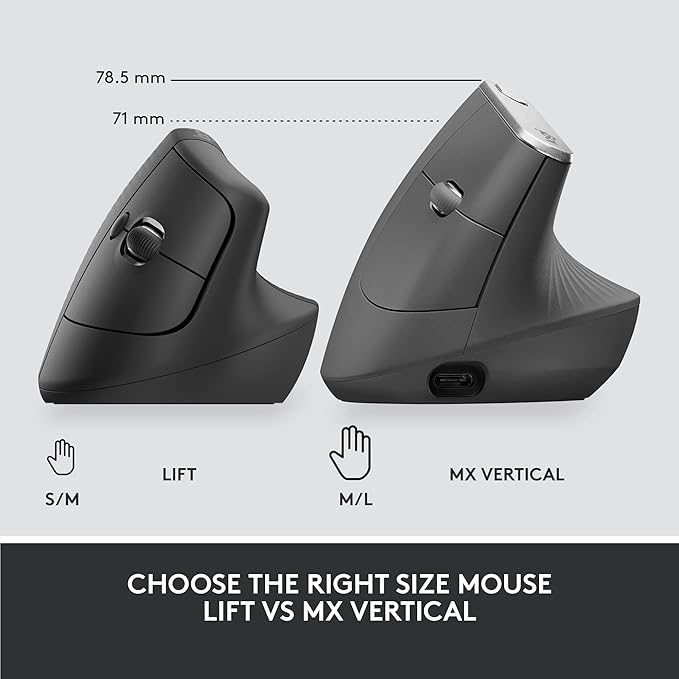 Logitech Lift for Business Vertical Ergonomic Mouse Wireless Bluetooth or Secured Logi Bolt USB Quiet clicks Globally Certified Windows/Mac/Chrome/Linux - Graphite