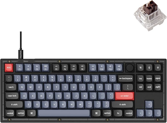 Keychron V3 Wired Custom Mechanical Keyboard Knob Version TKL QMK/VIA Programmable Macro with Hot-swappable Keychron K Pro Brown Switch Compatible with Mac Windows Linux (Frosted Black-Translucent)