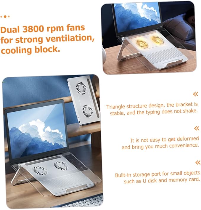 Laptop Stand with Dual Cooling Fans Stable Triangle Frame Non Slip Silicone Pads Foldable Notebook Holder with Storage for USB Memory Cards Compatible with Laptops