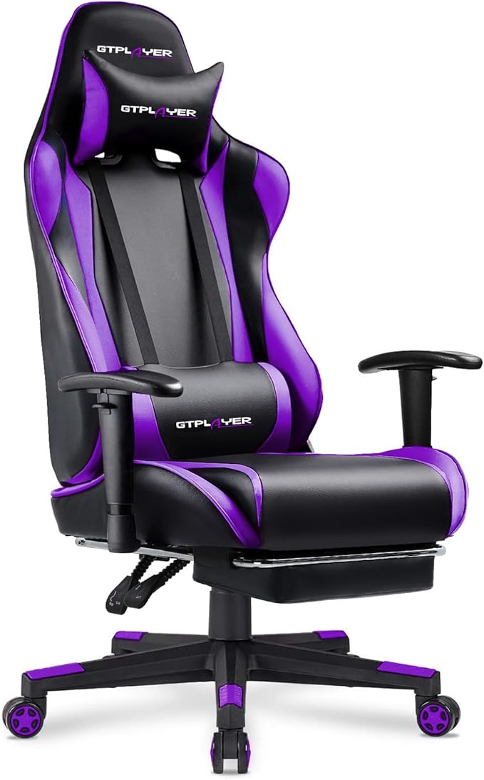GTPLAYER Gaming Chair with Footrest Ergonomic Computer Game Desk Chair Reclining Game Chair Seat Height Adjustment Swivel Rocker with Headrest and Lumbar (Purple)