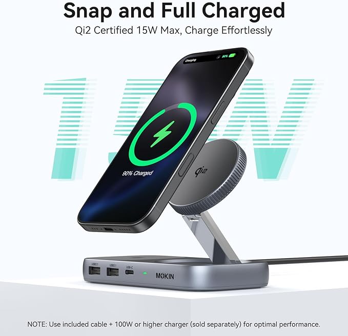 MOKiN USB C Hub with 15W Qi2 Wireless Charger Laptop Docking Station to 4K HDMI 100W PD 10Gbps Ports 15W+5W Wireless Charging Stand for iPhone 16/15/14/13 &amp Airpods USBC Dock for MacBook/Wind