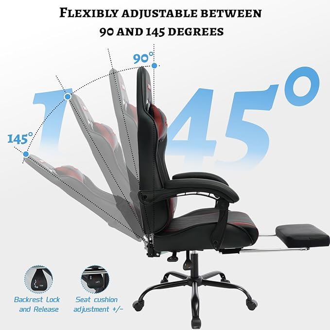 Ergonomic Gaming Chair with Footrest and Lumbar Massage Racing Office Chair High Back Computer Desk Chair with Headrest Pillow for Adults Video Game Chair for PC Gamer (1001-Red)