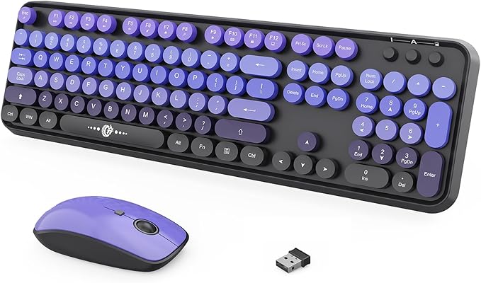 FOPETT Wireless Keyboard and Mouse Combo 104 Keys Full-Sized 2.4 GHz Round Keycap Colorful Keyboards USB Receiver Plug and Play for Windows Mac PC Laptop Desktop (GradientPurple)