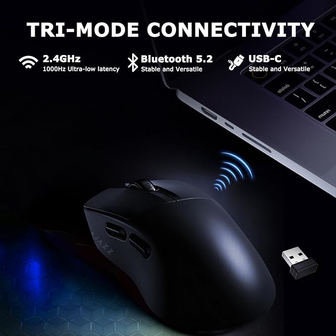 AJ179 V2 Wireless Gaming Mouse Tri-Mode 2.4G/Bluetooth/Wired 800mAh Battery 58g Ultra-Light PAW3311 12000 DPI Right-Handed Programmable 6 Buttons - Perfect for Gaming Work &amp Travel (Black)