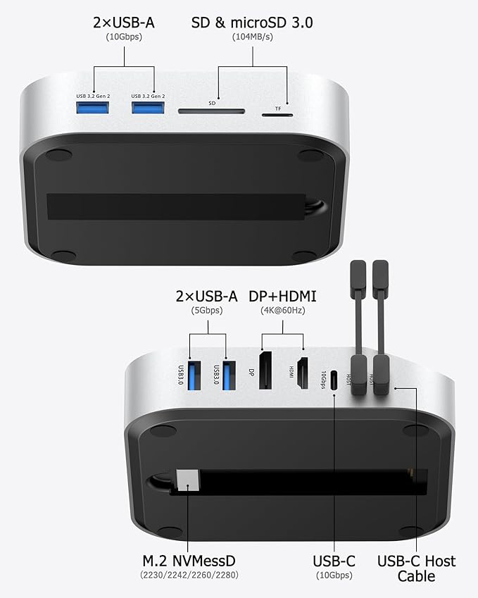 Mac mini M4 Dock with NVMe SSD Enclosure 40Gbps 8TB SSD Support 10-in-2 USB-C Hub with 2×USB-A USB-C 10Gbps 2×USB-A 5Gbps HDMI DP SD/TF Reader Magnetic Cover