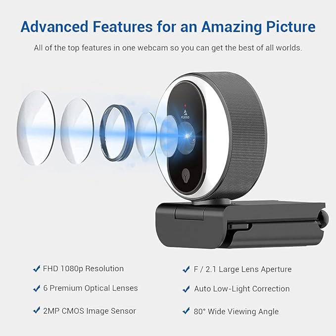 NexiGo N680E 1080P Webcam with Ring Light Privacy Cover and Dual Microphone Advanced Auto-Focus Adjustable Brightness Streaming Web Camera for Zoom Skype Facetime PC Mac Laptop Desktop