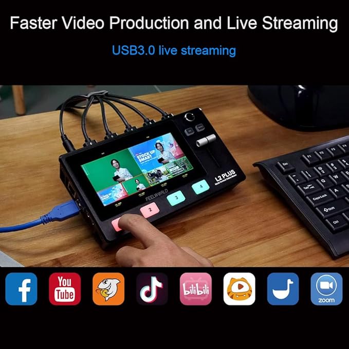 FEELWORLD L2 Plus Multi-Camera Video Mixer Switcher with 5.5 LCD Touch Screen PTZ Control Chroma Key Built-in Chroma Key and Logo Overlay USB3.0 Live Streaming