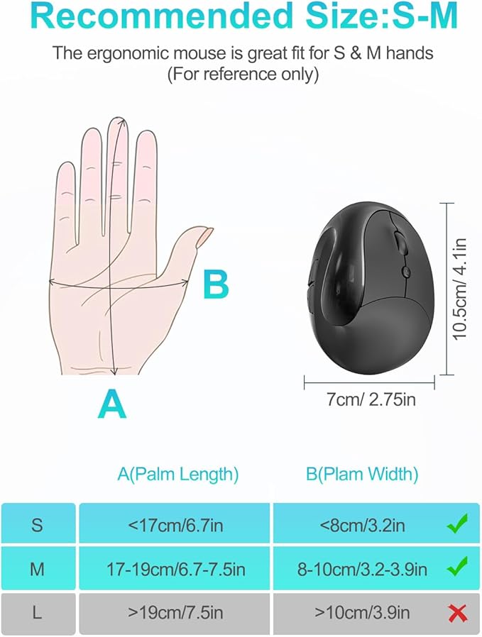 Lekvey Ergonomic Mouse Vertical Wireless Mouse for Small/Medium Hands Rechargeable with USB Receiver 3 DPI for Comfort Relieves Wrist Pain Carpal Tunnel Mouse for Laptop PC Computer Mac Black