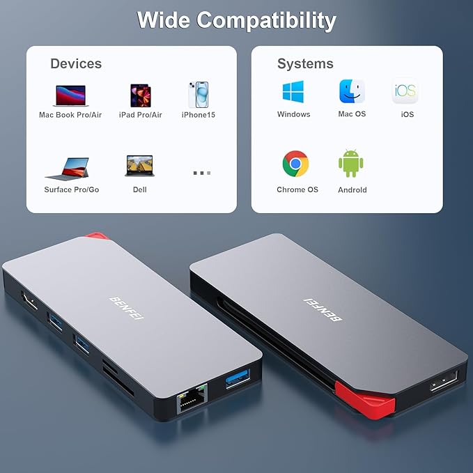 BENFEI 9in1 USB C MST Laptop Docking Station USB-C Hub with HDMI DisplayPort Dual Monitor/3*USB Type-A/1*USB Type-C(10Gbps+100W PD)/SD/TF Card Reader/1*RJ45