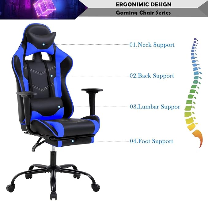 PC Computer Lumbar Support HeadrestHigh Back Racing Office Video Gaming Rolling Swivel Task Chair for Kids or AdultsBlue
