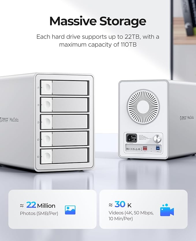 ORICO 5-Bay RAID External Hard Drive Enclosure for 2.5/3.5 Inch SATA HDD/SSD up to 5X 22TB USB3.0 Type-A Hard Drive Docking Station Supports RAID 0/1/3/5/10/JBOD/Clone/ClearMode -9958RU3