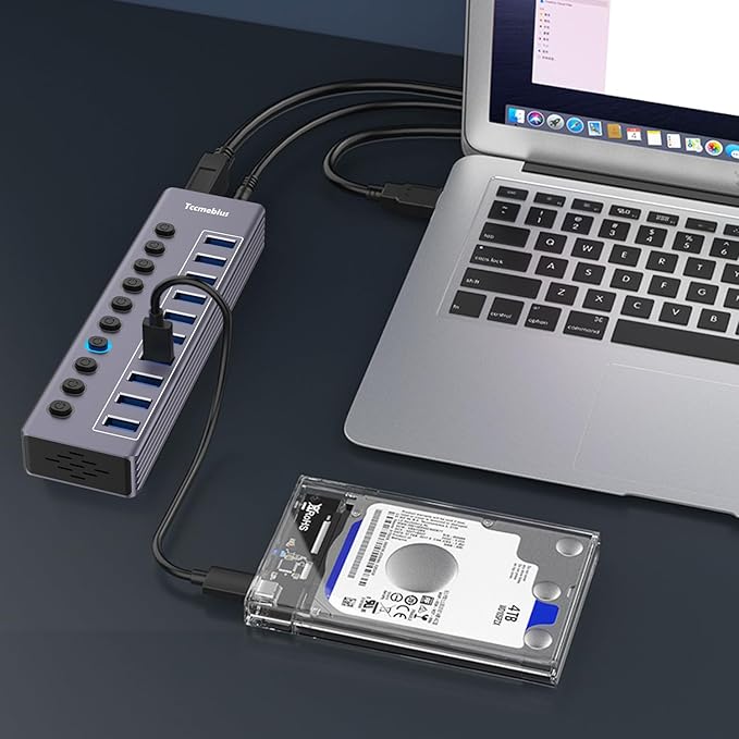 Powered 10-Port USB 3.0 Hub USB C to 10 Ports USB Data Hub Splitter with Individual LED On/Off Switche 3.3FT Cable 12V/3A Power Adapter for Laptop MacBook Pro/Air PC (Aluminum Gary)