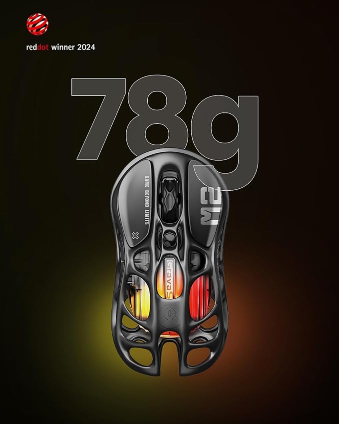 GravaStar Mercury M2 Wireless Gaming Mouse with 26000 DPI PAW3395DM Sensor -79g Lightweight Hollowed-Out Design -5 Programmable Buttons -5 Dynamic Lightsync RGB