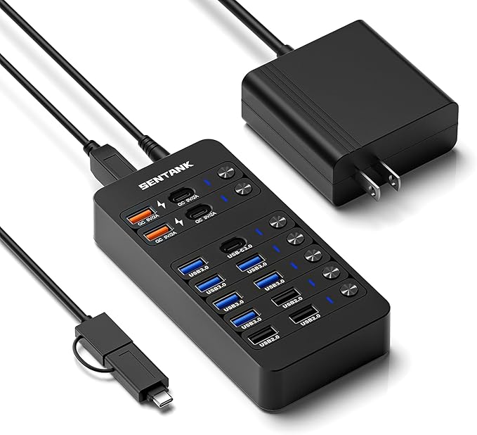 Powered USB Hub SENTANK 14 Port USB 3.0 Hub Splitter (6 USB 3.0 Data Ports + 4 Fast Charging Ports) with Independent LED On/Off Switch with 60W Power Adapter for Mac PC