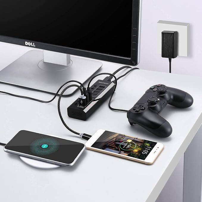 Powered USB Hub RSHTECH 7 Ports USB 3.0 Hub with 4 High Speed Data Transfer Ports + 3 Fast Charging Ports36W 12V/3A Power Adapter and Individual On/Off Switches(A37-Black)