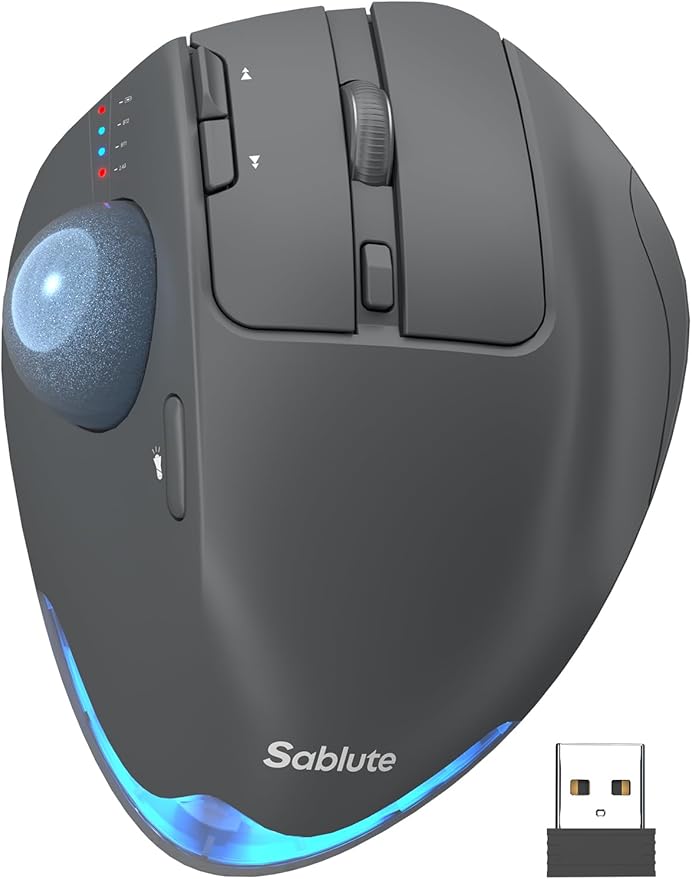 MAM1 Pro Wireless Trackball Mouse Ergonomic Bluetooth Rechargeable Computer Mouse Backlit Rollerball Thumb mice with 5 Level DPI Adjustable Angle 3 Devices Connection for PC Windows - Gray Mouse