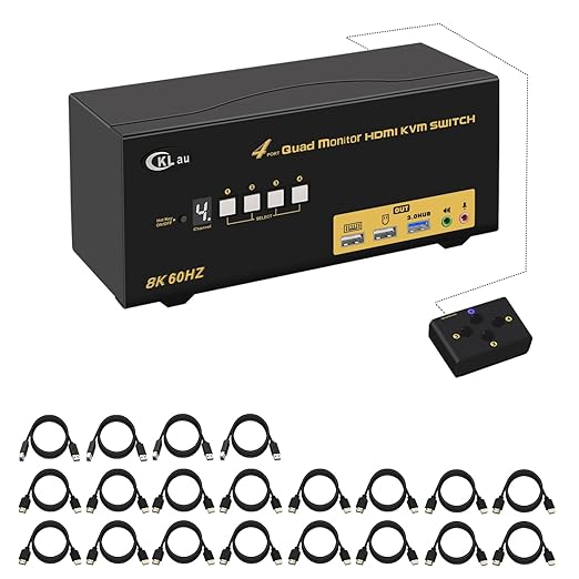 CKLau 4x4 Quad Monitor KVM Switch 4 Monitors 4 Computers with Cables Audio Microphone USB 3.0 Hub Supports 8K@60Hz 4K@144Hz Emulation EDID Hotkey Switching HDMI 2.1