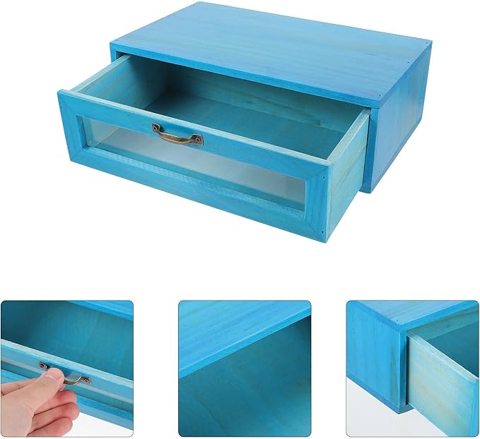 DOITOOL Wooden Monitor Stand with Pull Out Storage Drawer for Desk Organization Rustic Computer Monitor Riser Suitable for Home and Office Single Drawer Mediterranean Blue