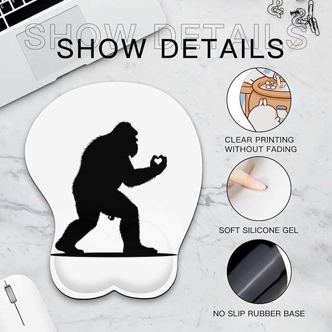 Mousepad Bigfoot Holding Heart Sasquatch Ergonomic Wrist Support Non-Slip Base Mouse Mat with Wrist Rest Computer Mousemat for Desk Work Accessories Pad