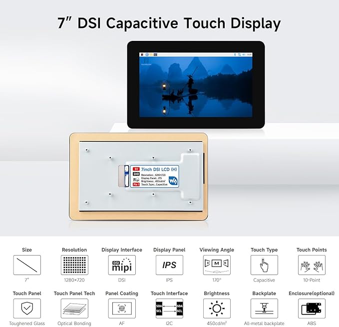 Waveshare 7 DSI Capacitive Touch Display Compatible with Raspberry Pi 5/4B/3B+/3A+ Supports ESP32-P4 RK3506 RK3576 1280x720 IPS Optical Bonding Toughened Glass 10-Point Touch Anti-Fingerprint