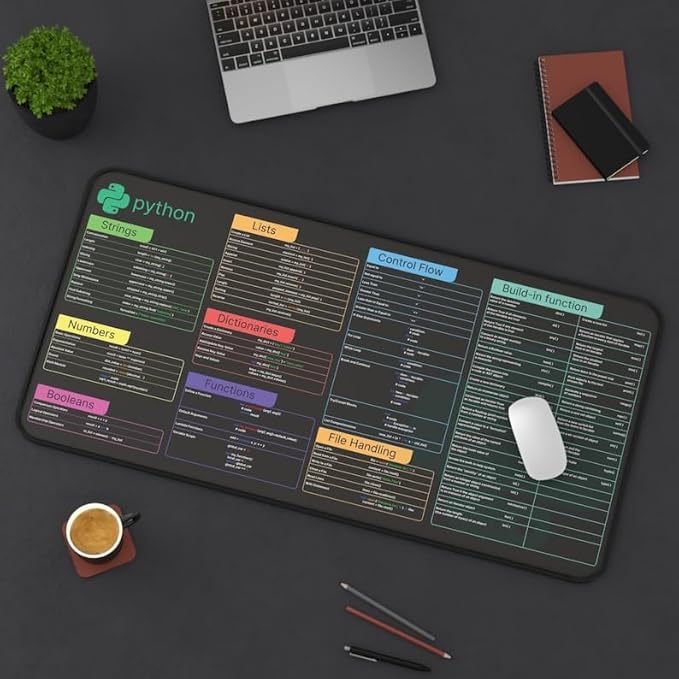 Python Cheat Sheet Desk Mat for Software Engineers Hackers and Programmers Quick Key Large Anti-Slip Keyboard Pad Mouse Mat KMH