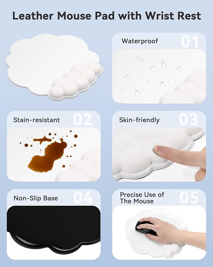 Cloud Wrist Rest for Keyboard and Mouse for Desktop PU Leather Cloud Computer Keyboard Stand with Mouse Pad Key Board Wrist Support Riser Angle Adjustable Arm Rest(White)