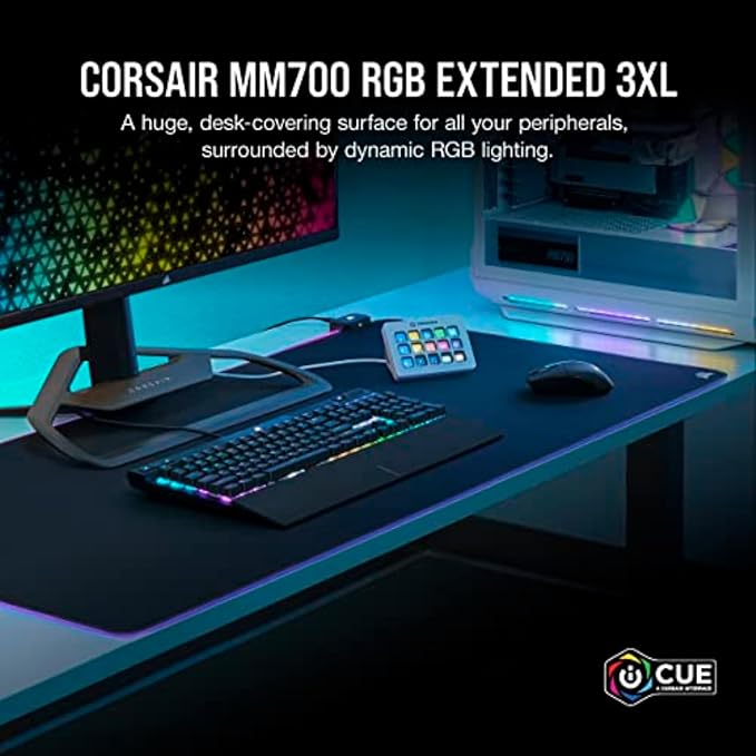 Corsair MM700 RGB Extended 3XL Cloth Gaming Mouse Pad/Desk Mat - Massive 1220mm x 610mm (48” x 24”) Cloth Surface 360° Three-Zone RGB Lighting Two USB Ports - Black