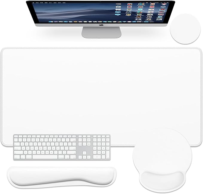 Dapesuom Large Gaming Mouse Pad White Mouse Pads with Wrist Rest Wrist Support 4in1 Big XXL Desk Mat Desk Pad + Ergonomic Mousepad + Memory Foam Keyboard Mat Wrist Rest + Coaster Set for Computer