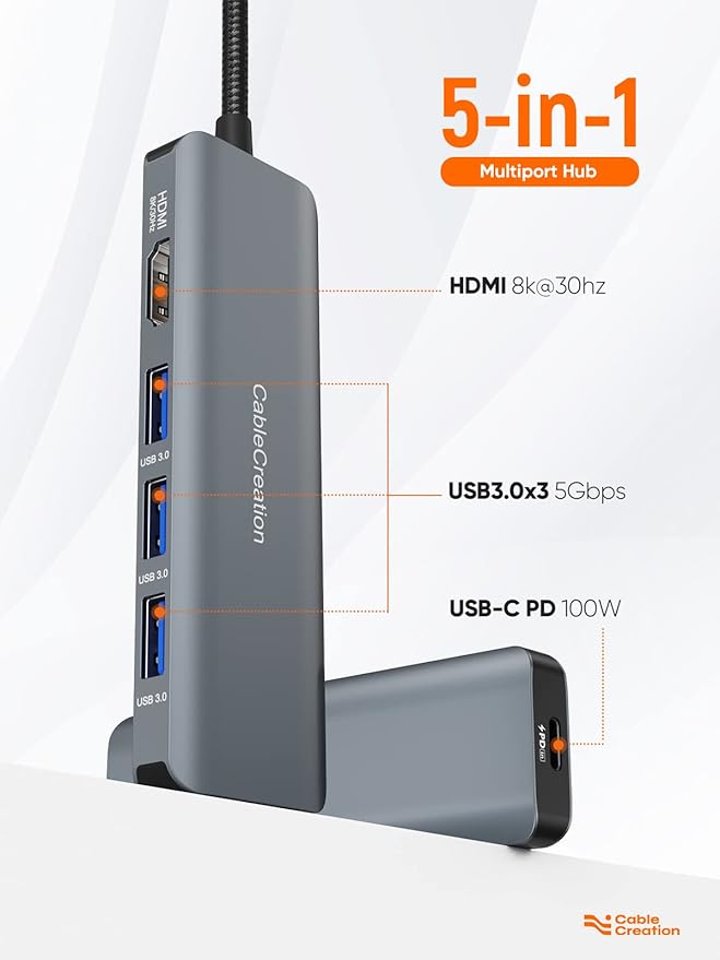 CableCreation 8K HDMI USB C Hub for MacBook Pro 5-in-1 USB C Multiport Adapter with 100W PD 3 USB 3.0 Ports 8K 30Hz/4K 120Hz HDMI Compatible with Steam Deck Surface Pro XPS and More - Space Grey