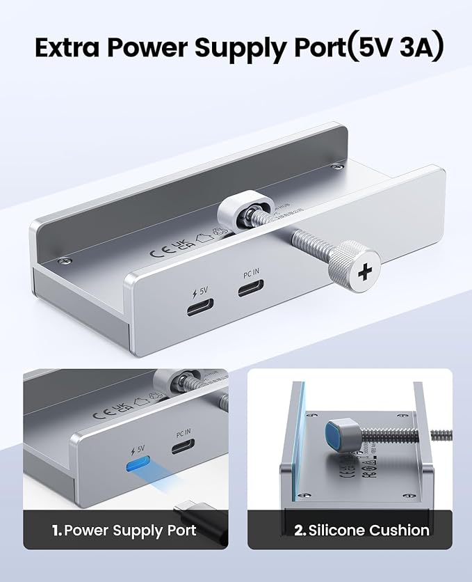 ORICO USB Hub 3.0 Clamp USB Hub with Extra Power Port 3 USB-A Data Ports USB-C Port for Monitors Desks(Silver)