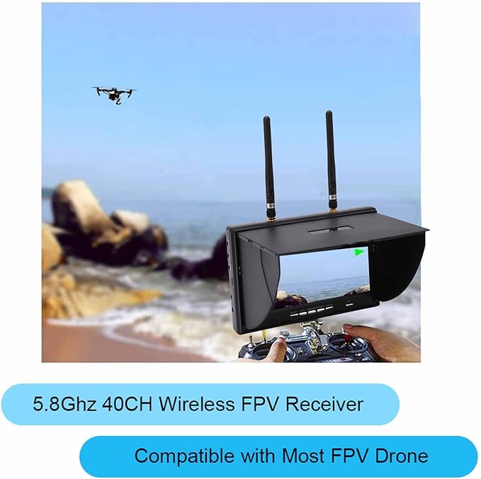 5.8Ghz FPV Receiver Monitor 7 Inch Dual Diversity Receiver with 40 Channels Auto-Scan 800x480 Resolution 600cd/m² Brightness LCD Screen for FPV Drone Racing and Outdoor Monitoring