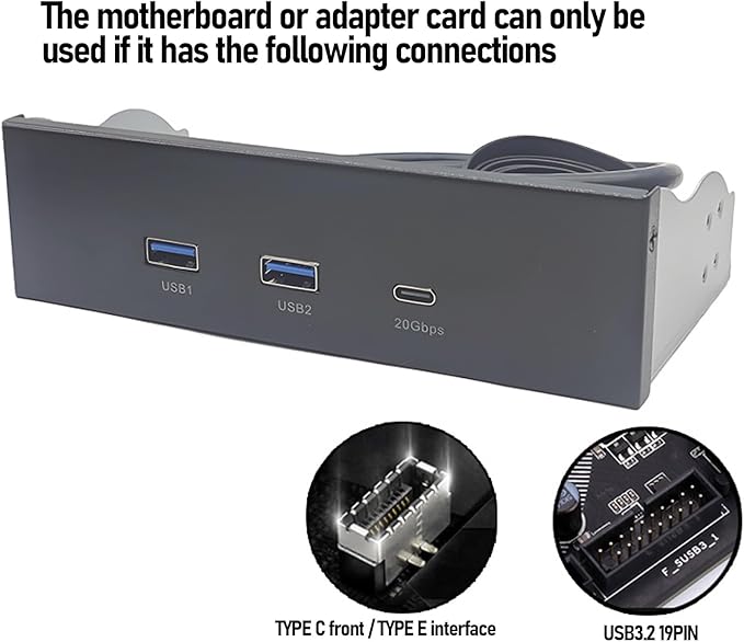 5.25 Inch Front Panel USB Hub Internal USB Hub with 5Gbps USB A and 20Gbps Type C Header 19 Pin Optical Drive Extension Panel for PC Case Desktop Expansion