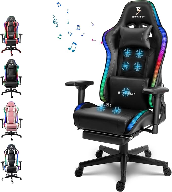 Gaming Chair with LED Lights and Speakers Ergonomic Pro Video Game Chair with Massage and Footrest Game Chair Perfect for Gaming Office and Workingfor Adults Teens and KidsBlack