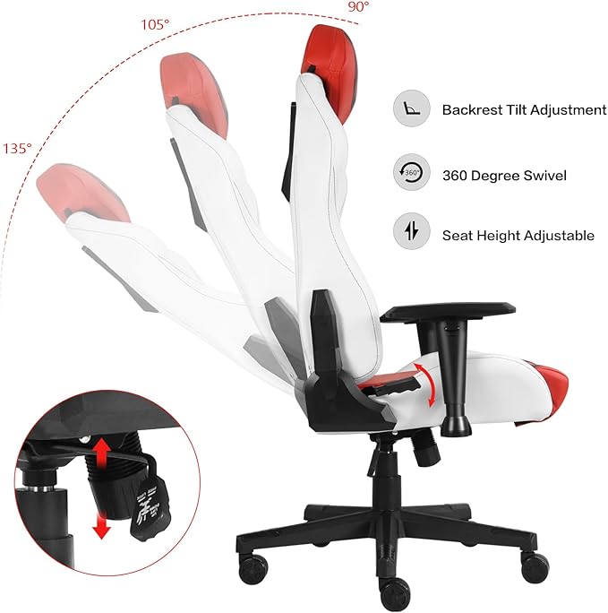 Modern-Depo Ergonomic Gaming Chairs for Adults with High-Density Memory Foam | Swivel Comfortable Office Chair Big and Tall Video Game Chair High Back Computer Chair for Home Office Red White