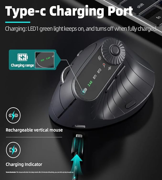 JOMAA Wireless 2.4G &amp Dual Bluetooth Three-Channel Ergonomic Vertical Mouse Adjustable DPI Multi-Function Turntable for PC Laptop MacBook Rechargeable (Black)